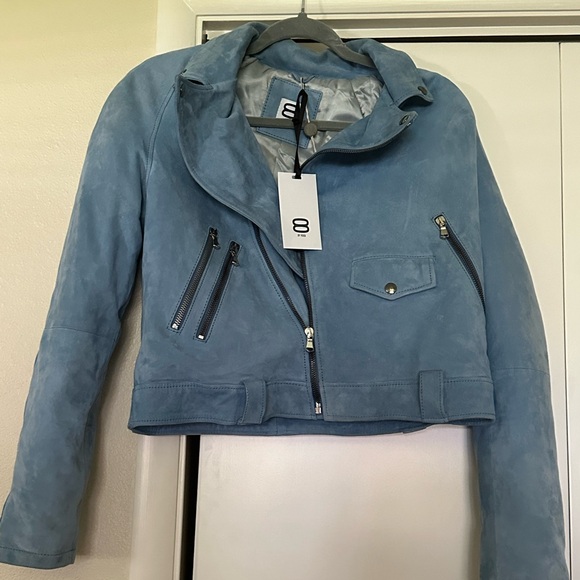 8 by YOOX 100% Suede Blue zip Jacket - Picture 2 of 5